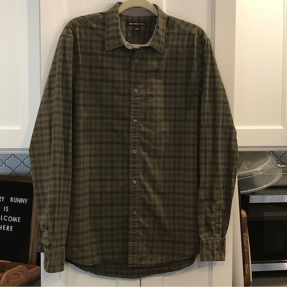Michael Kors Men’s XL Classic Fit Olive Green Check Button Down Shirt Casual.